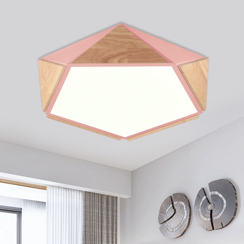 Flat Pentagon Ceiling Mount Light Macaron Stylish Wood LED Flush Light for Kids Bedroom