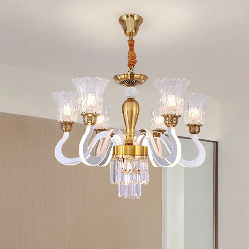 Clear Crystal Flower Ceiling Lamp Contemporary 6-Head Dining Room Chandelier with Acrylic Arm