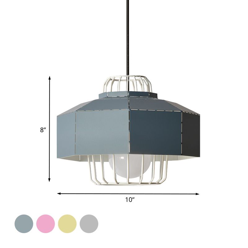 Laser Cut Ceiling Hanging Lantern Macaron Iron 1 Bulb Grey/Blue/Pink Pendant Light with Wire Cage Insert