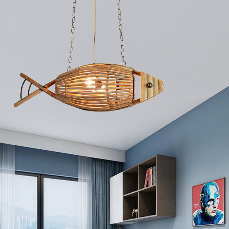 Coastal Style Fish Shaped Chandelier Light Fixture Bamboo 1 Light Bedroom Suspension Lamp in Beige