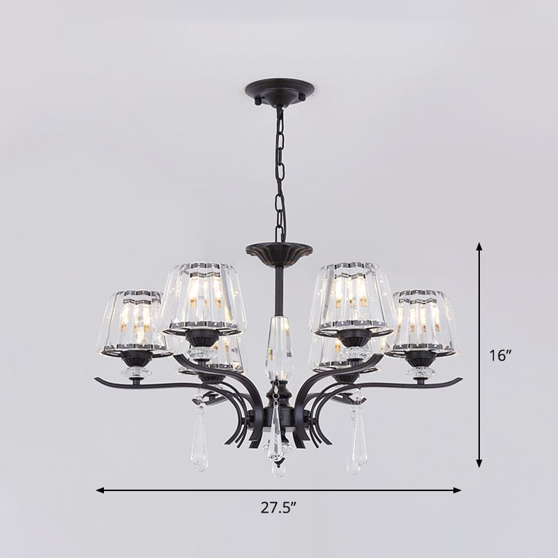 Crystal Block Cone Chandelier Modernism 3/6-Bulb Bedroom Ceiling Suspension Lamp in Black