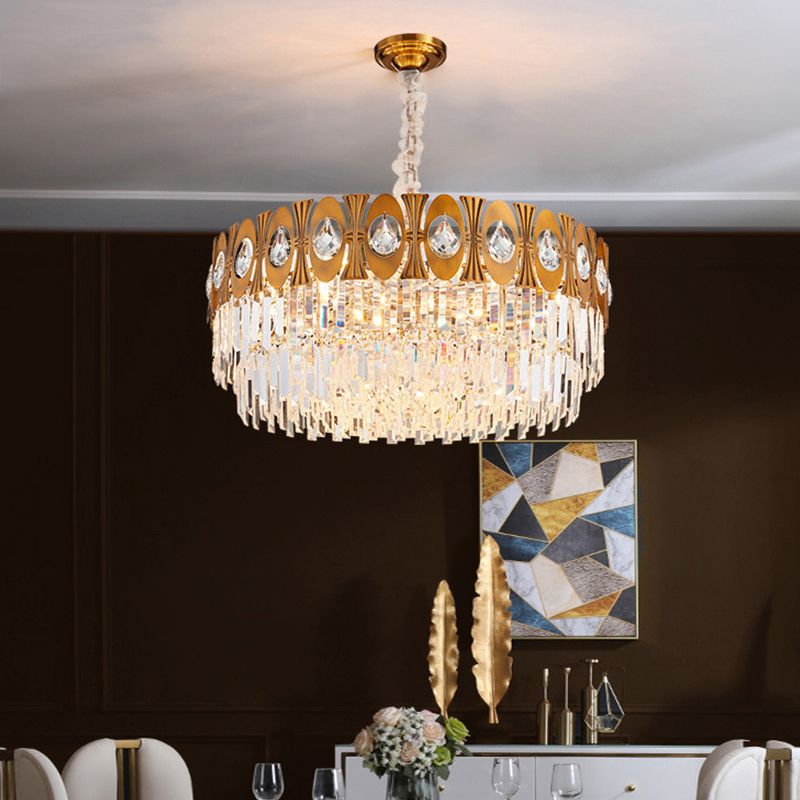 Gold 12 Heads Hanging Lamp Kit Postmodern Tri-Sided Crystal Rod Drum Chandelier Light