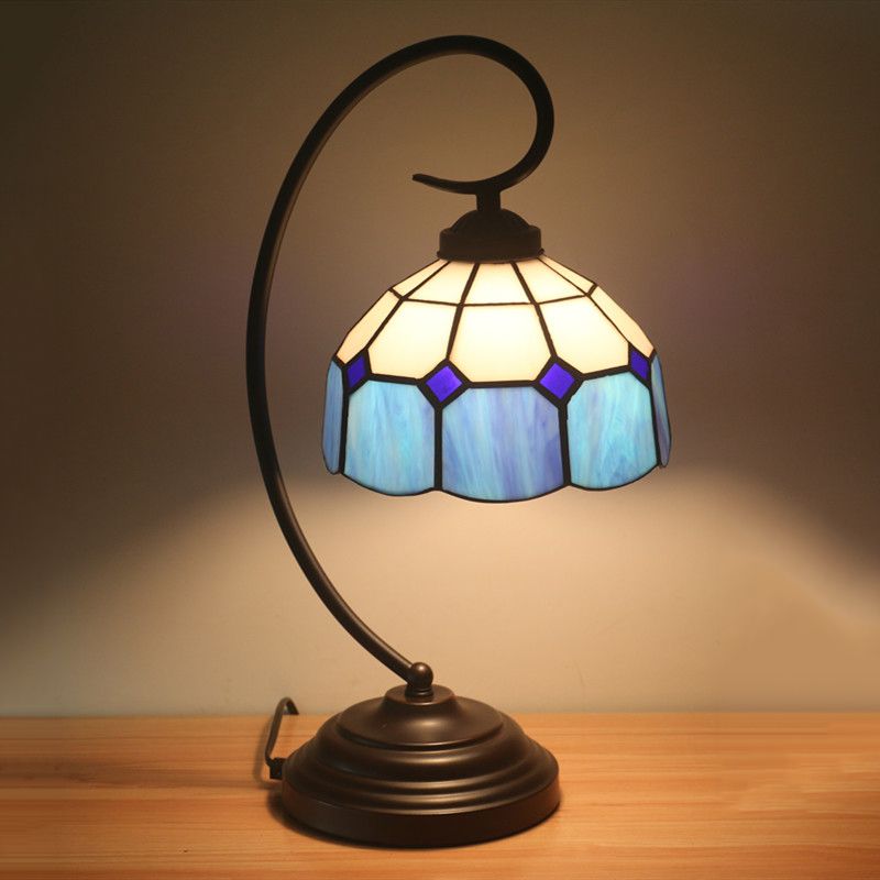 1 Head Grid Dome Night Table Lamp Baroque Orange/Blue/Yellow Cut Glass Task Lighting with Swirl Arm