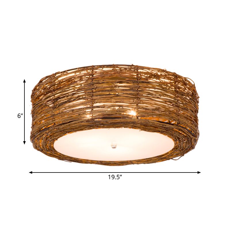 Hand-Woven Flush Mount Lamp with Round Shade Modern Rattan 3 Lights Bedroom Ceiling Light Fixture in Brown, 16"/19.5" W