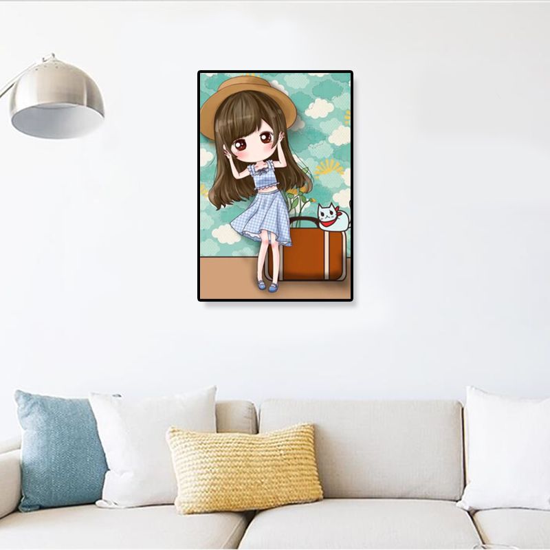 Cartoon Young Girl Art Print Soft Color Figure Drawing Canvas for Bedroom, Multiple Sizes