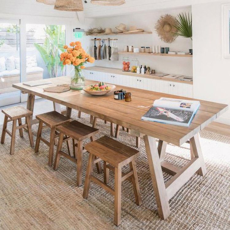 Mesa de comedor de madera de pino Mesa rectangular moderna con base de pedestal doble