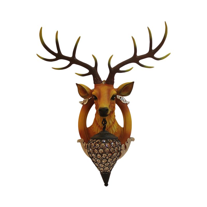 Brown Faux Deer Head Sconce Lamp Farmhouse Resin 16"/21" Wide 1 Bulb Living Room Wall Mounted Light with Drop Crystal Shade