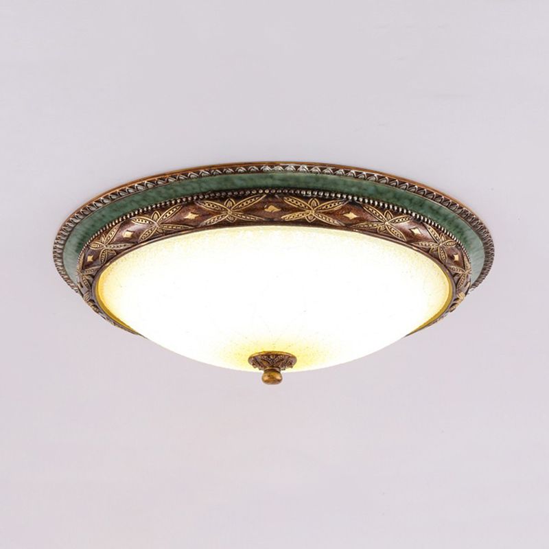 Vintage Shallow Bowl Ceiling Lighting Opaline Glass LED Flush Mount Light Fixture in Green and Brown