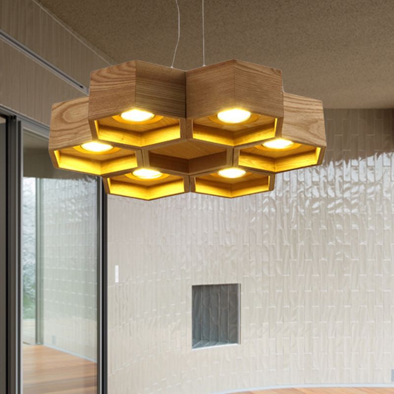 Honeycomb Chandelier Pendant Light Modern Wooden 6-Light Living Room Ceiling Light Fixture