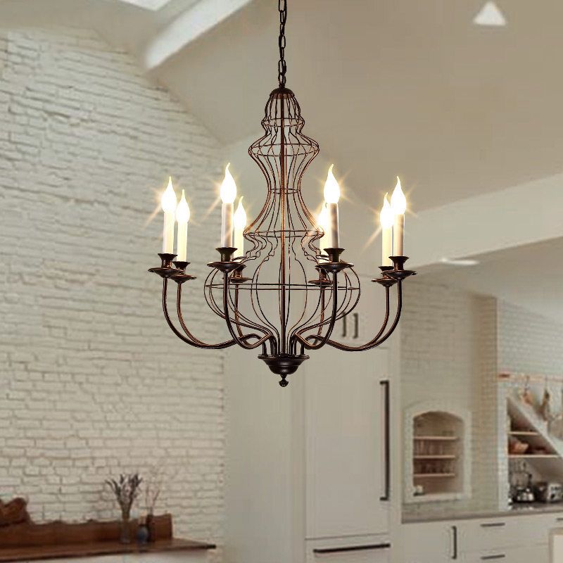 Candle Metal Chandelier Lighting Rustic 6/8 Lights Dining Room Pendant Lighting in Black/Coffee