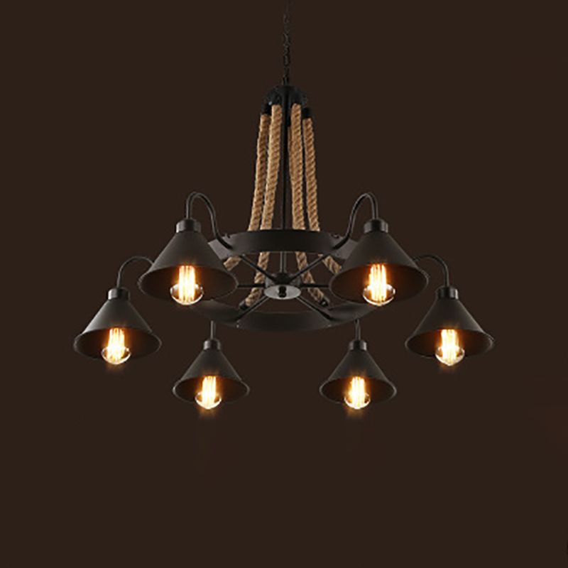 Lámpara de araña de araña negra industrial de araña de forma geométrica con cuerda natural