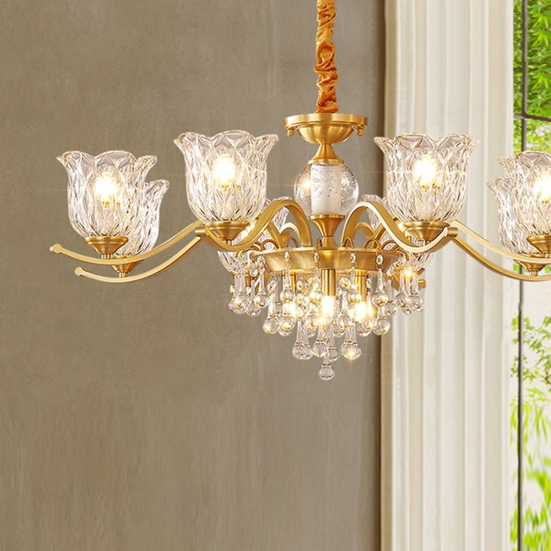 European Style Chandelier Brass Flower Shape Hanging Light with Crystal for Bedroom