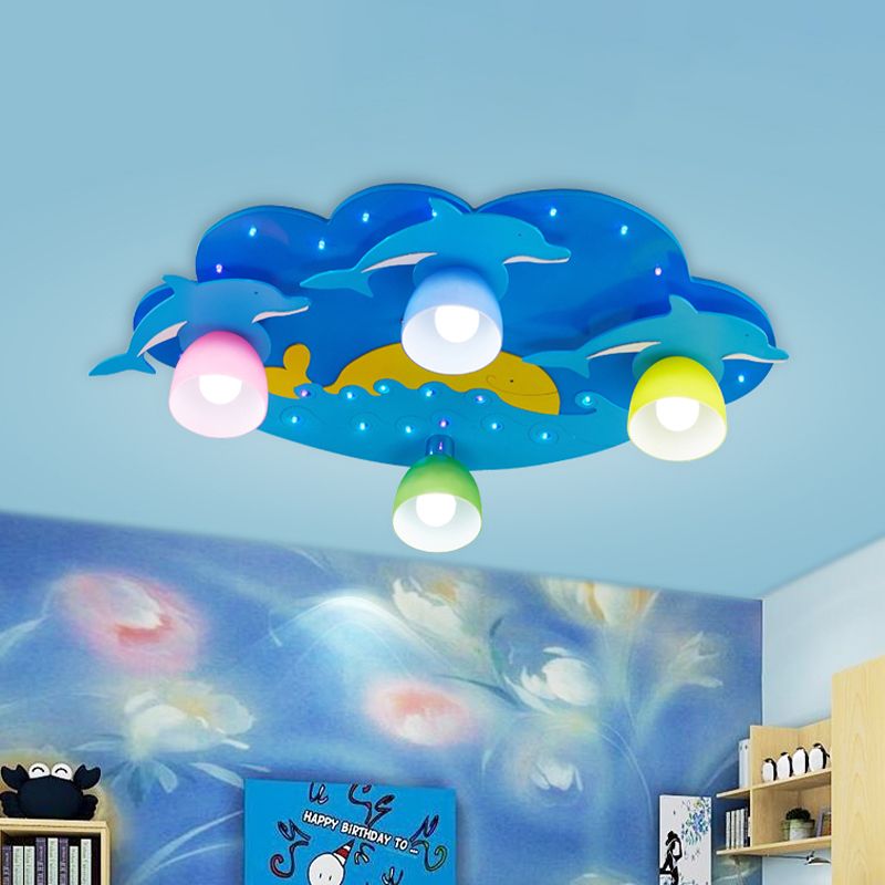 Blue Dolphin Flushmount Ceiling Lamp Kids 4 Bulbs Multicolored Glass Flush Mount Recessed Lighting