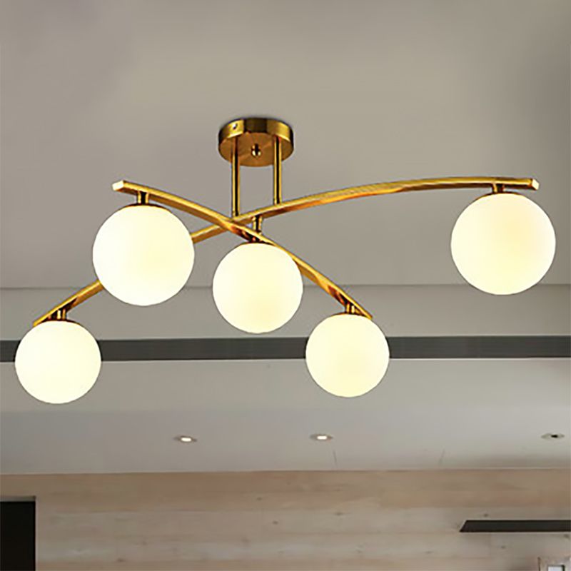 Modern Sphere Shade Semi Ceiling Mount Light Opal Glass Gold Ceiling Lamp for Study Room