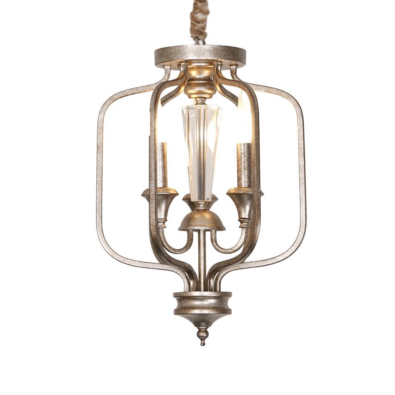 Lampe suspendue en cage en cage 3 bulbes luminaire lustre en métal avec accent cristallin en argent âgé