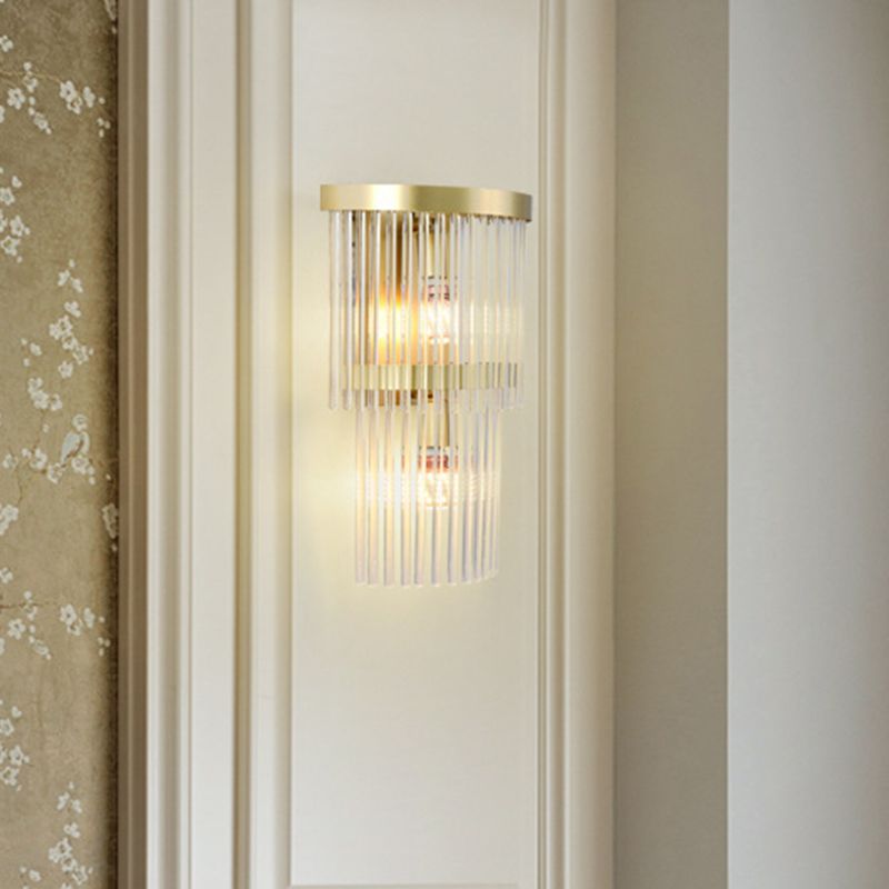 2 Bulbs Half Cylinder Wall Sconce Traditional Gold Clear Crystal LED Wall Light for Living Room