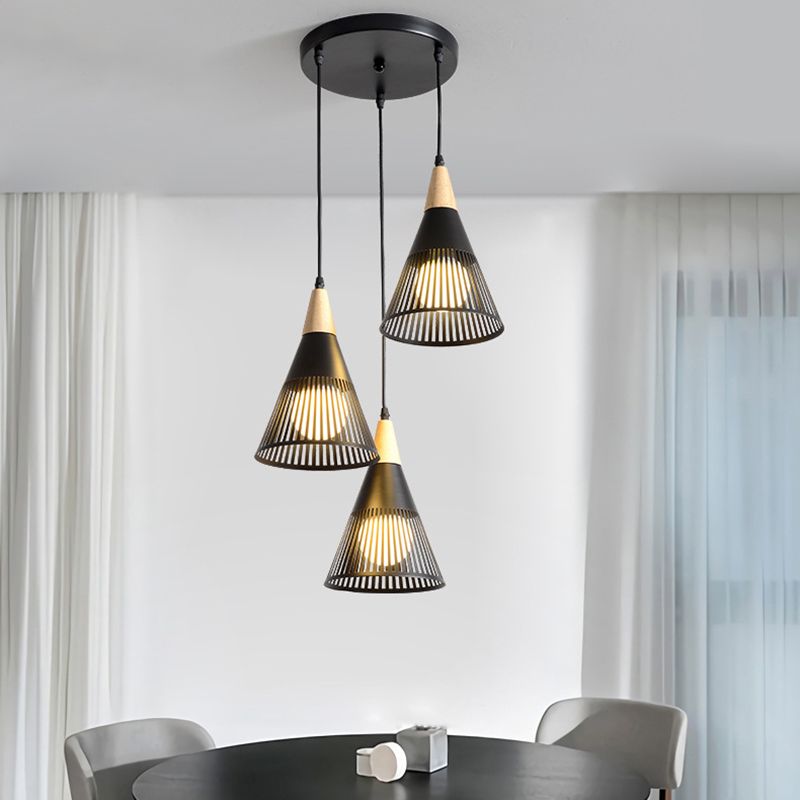 Noordse moderne stijl taps toelopende houten bovenste hanglamp metalen draadkooi woonkamer hangende lamp