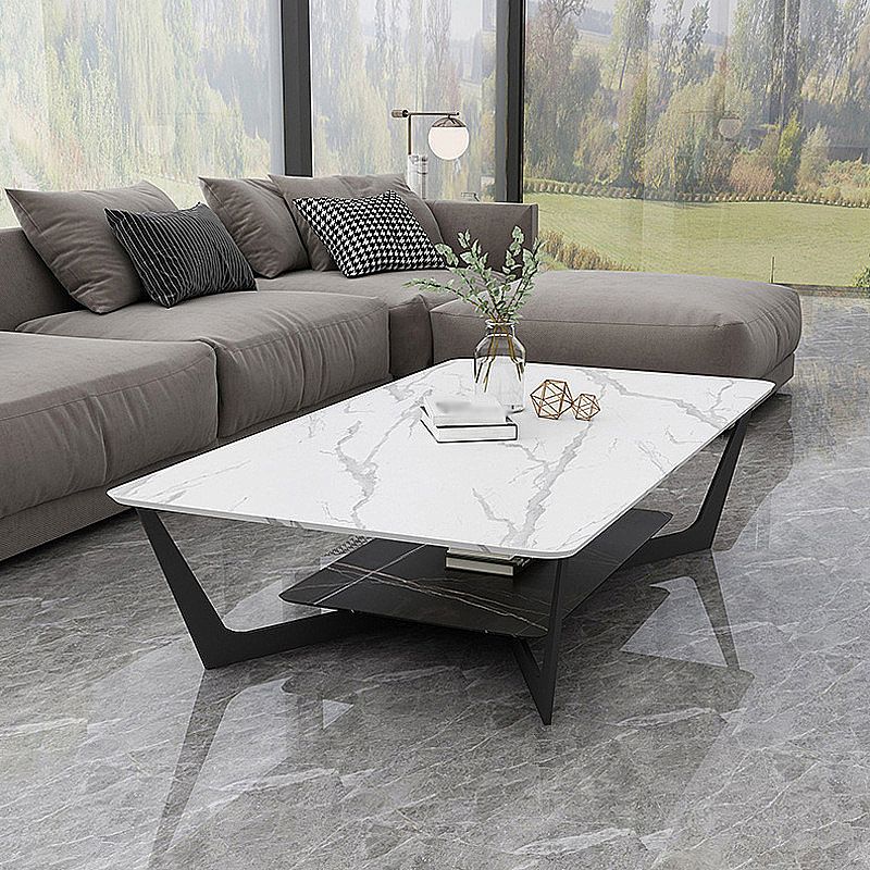 Modern White/grey Slate Top Rectangular Coffee Table with Metal Base