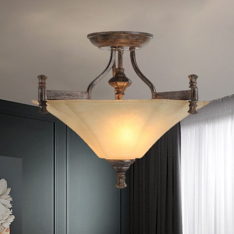 3-Bulb Flushmount Lamp Classic Triangle-Like Ribbed Glass Semi-Flush Ceiling Light in Coffee