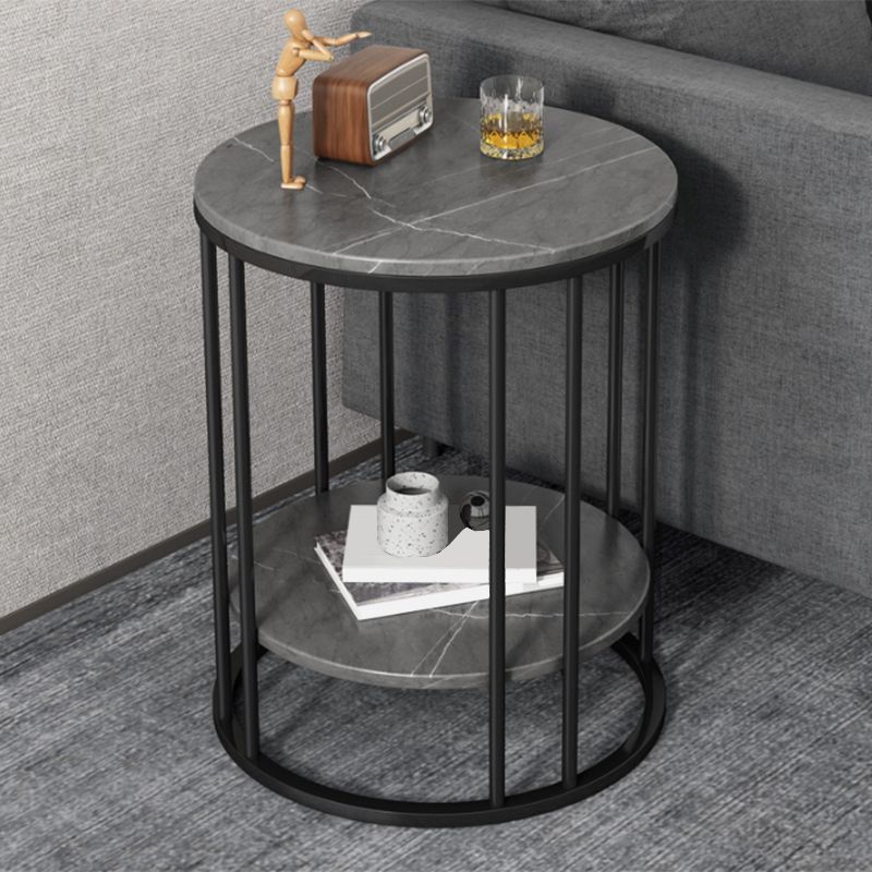 Faux Stone Round End Table Shelf Included Side Table in Black/Grey