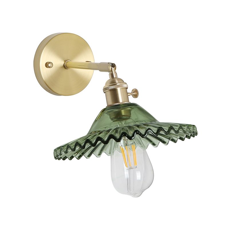 Industrial Scalloped Wall Lighting Fixture 1 Bulb Green Glass Sconce Light in Brass