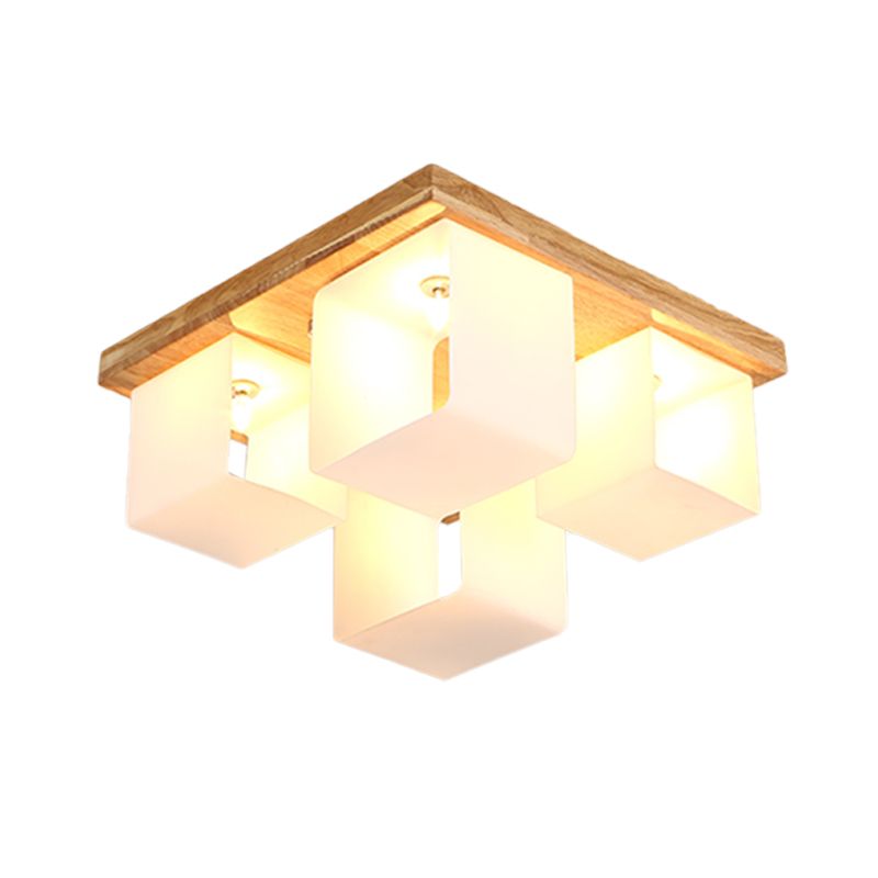 Cube Frame Flush Mount Fixture Japanese White Glass 4-Head Wood LED Flush Ceiling Lighting