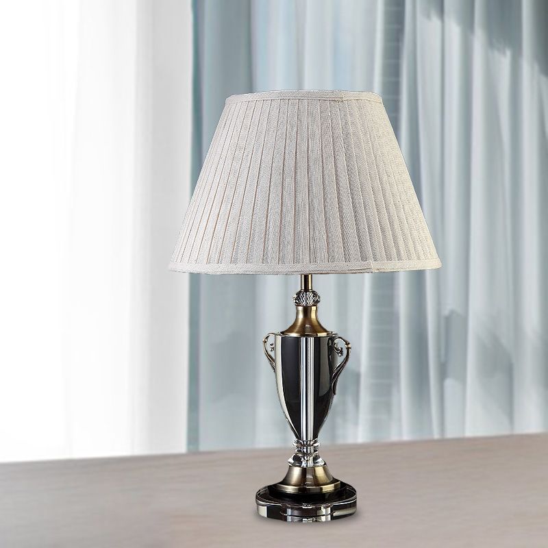 Beige Bell Night Lamp Traditionalism Fabric 1 Light Bedroom Nightstand Light with Clear Crystal Base