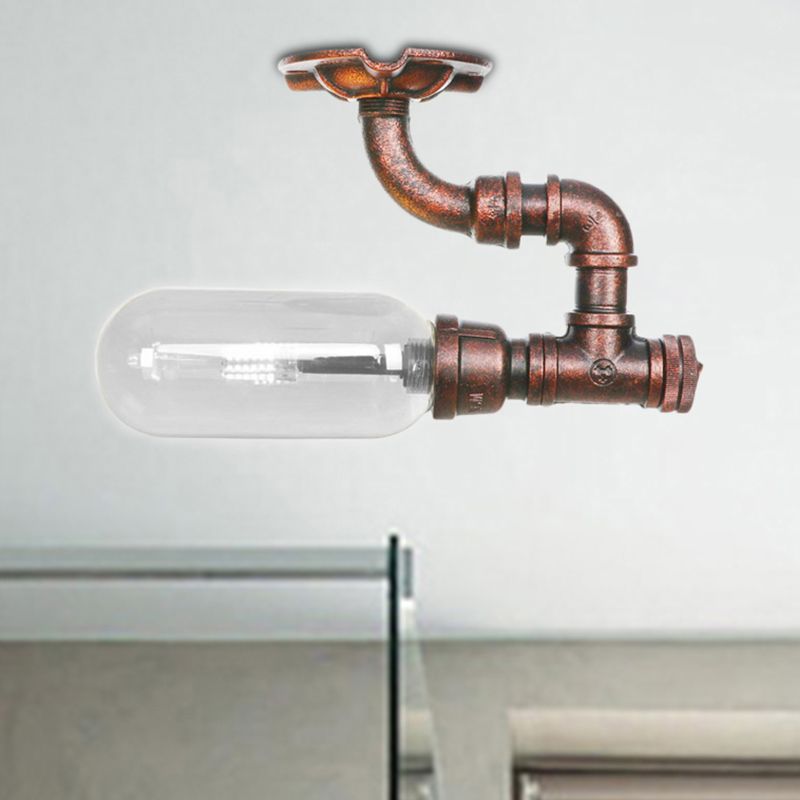 1 Light Ceiling Light Fixture Oval Shade Clear Glass Industrial Bathroom Semi Flush in Weathered Copper with Pipe Design