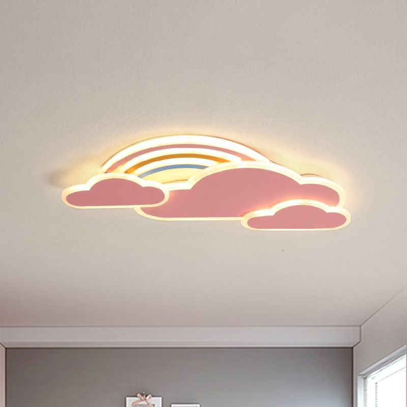 White/Pink Rainbow Cloudy Ceiling Light Cartoon Metallic LED Flush-Mount Light Fixture, Warm/White Light