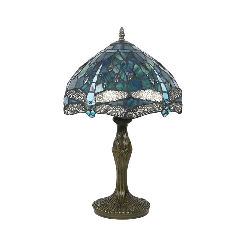 Bowl Stained Glass Night Lamp Mediterranean 1-Light Brass Nightstand Light with Dragonfly Pattern