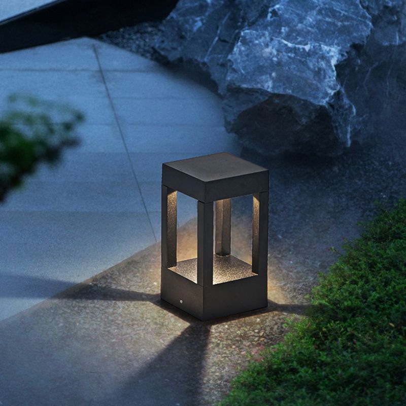 Contemporary Metal Pillar Lamp Geometric Shape Outdoor Waterproof Light in Black Finish