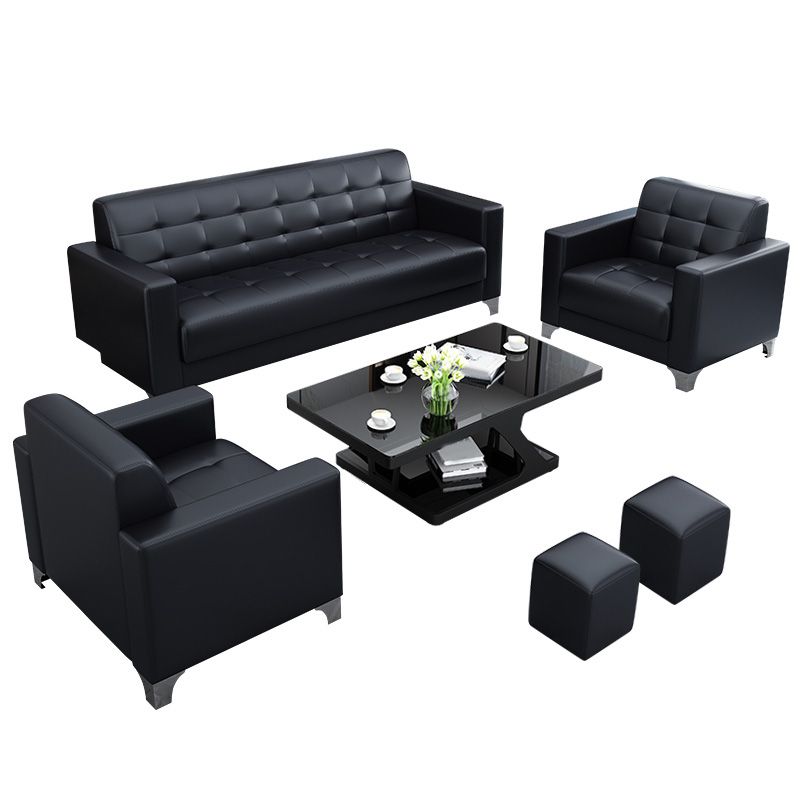 Living Room Leather Sofa in Black Tufted Split-Back Sleeper Seating