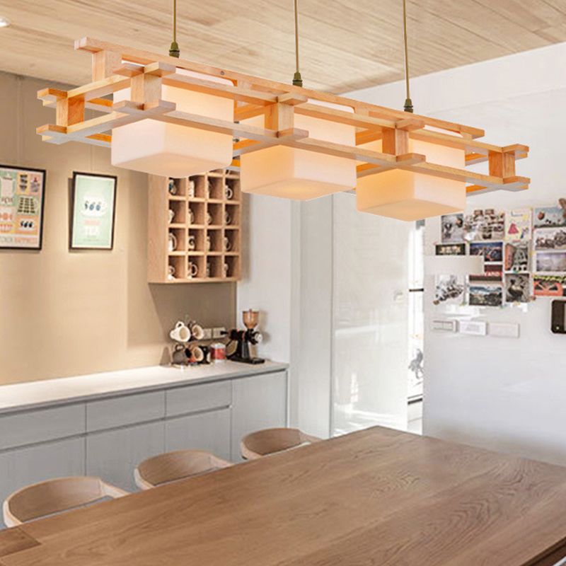 Cubo de vidrio crema colgante colgante Luz moderna 3 cabezas de la madera de la madera de iluminación de la isla