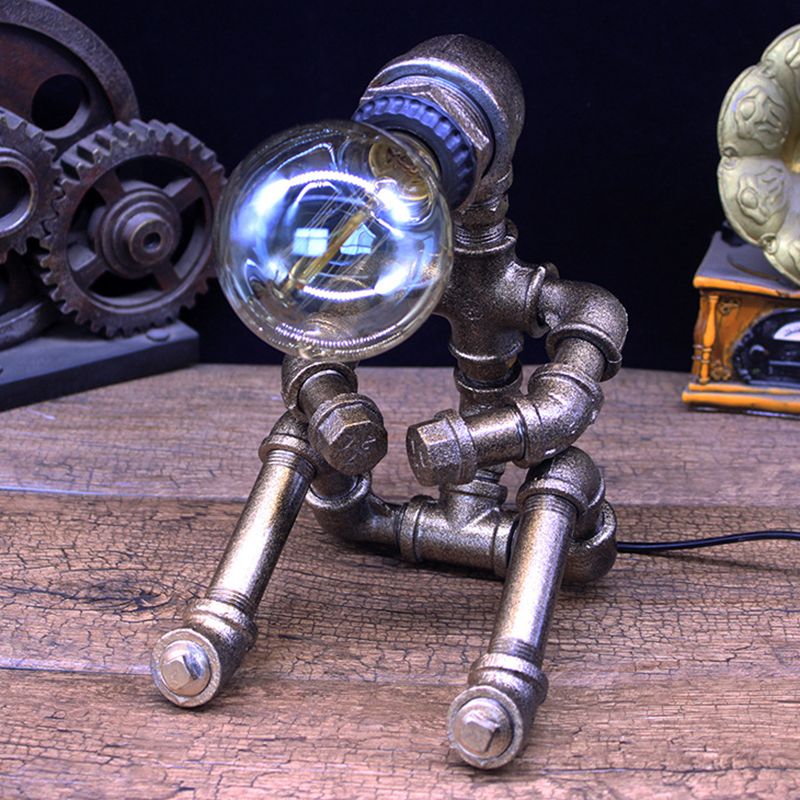 Metallic Silver Table Lighting Robot Pipe 1-Bulb Industrial Nightstand Light with Exposed Bulb Design