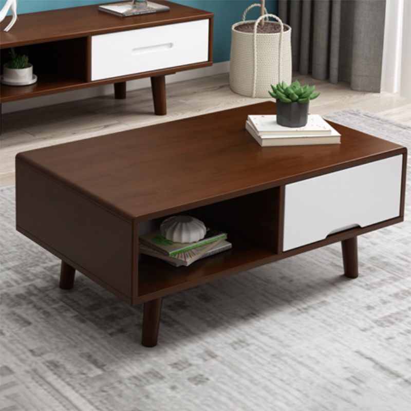 Scandinavian Rubberwood Coffee Table with 4 Straight Legs and Drawer