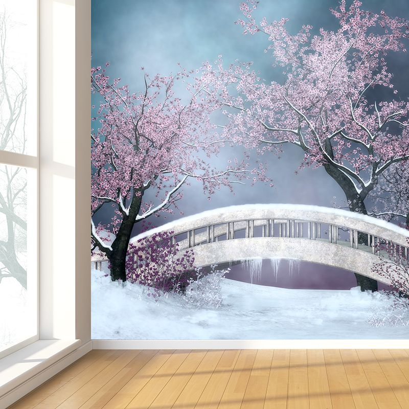 Stain-Proof Flower and Bridge Mural Non-Woven Texture Modern Wall Art for Guest Room