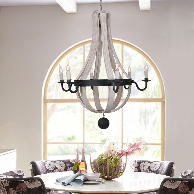 6 Lights Empire Shape Chandelier Lamp Traditional Blue/White Wood Hanging Light Fixture