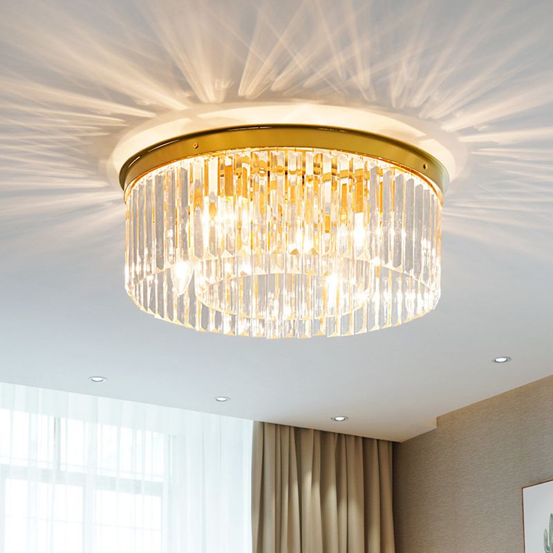 Crystal Drum Flush Mount Lamp Simplicity 3/4/5 Bulbs Bedroom Ceiling Light in Gold, 12.5"/16.5"/23.5" Wide