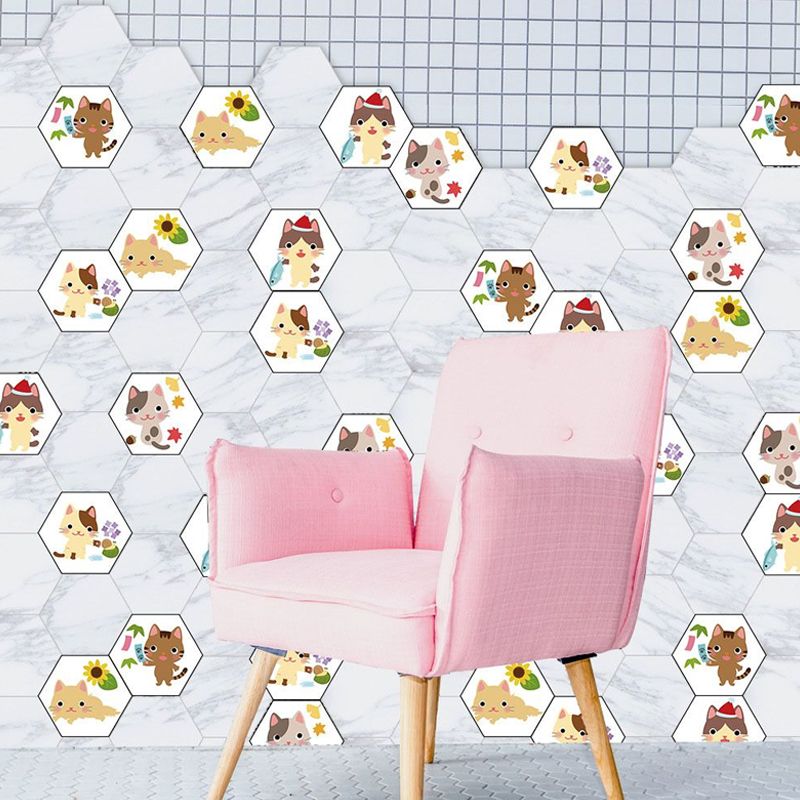 Cartoon Kids Wallpaper Panel Set with Kitty Pattern Brown-White Wall Art, Removable