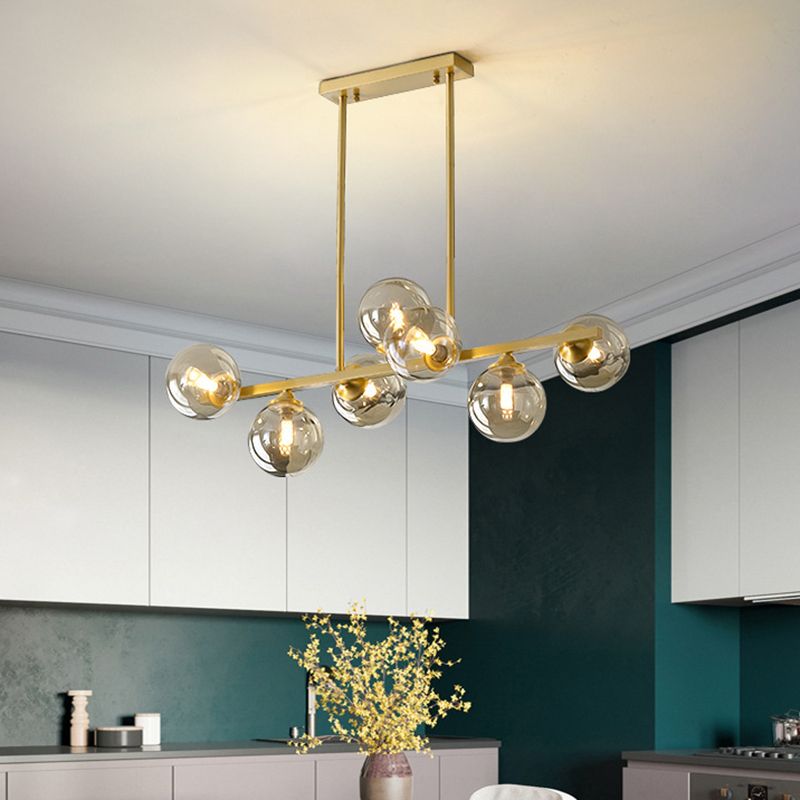 Mid-Century Modern Gold Metal Island Pendant Lighting Spherical Amber Glass Island Ceiling Light for Dining Table