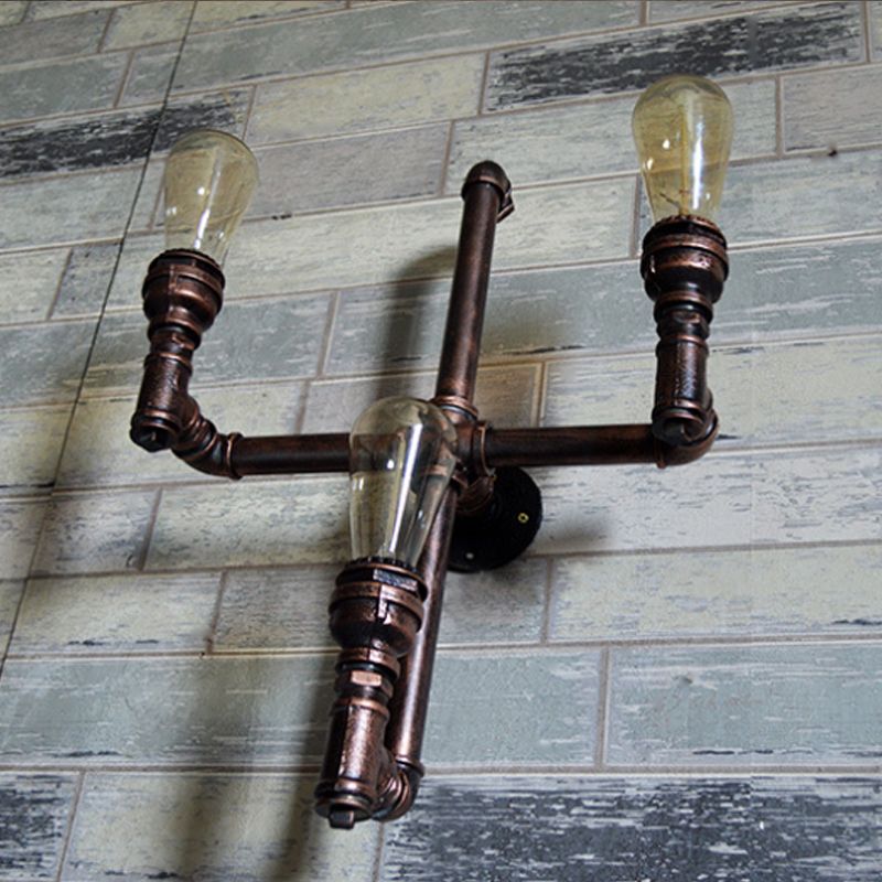 Farmhouse Crossing Pipe Sconce Lighting 3 Bulbs Metallic Wall-Mounted Lamp in Rust