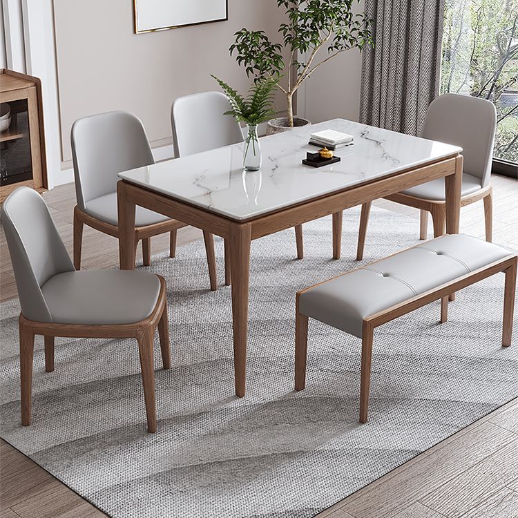 Rectangle Mid-Century Modern Dining Table White Sintered Stone Table with 4 Ash Solid Wood Legs