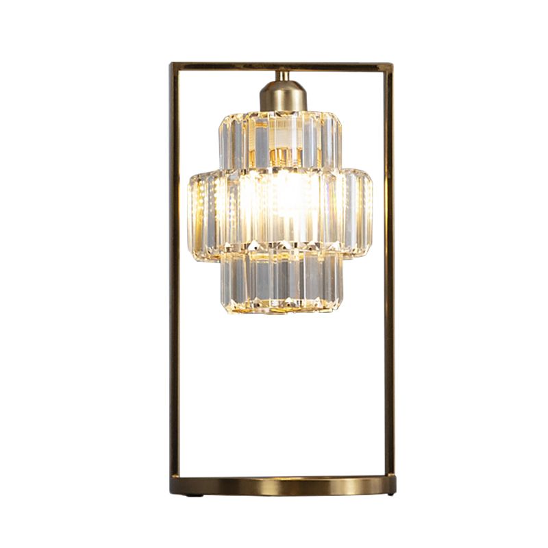 Clear Crystal Tiered Round Table Light Simplicity 1 Head Brass Finish Night Lamp with Rectangle Frame