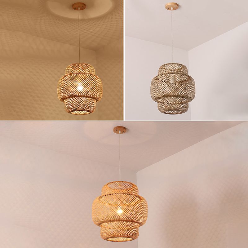 Asian Style Bamboo Weaving Lantern Hanging Light Wooden Single Bulb Ceiling Suspension Lamp for Cafe Shop