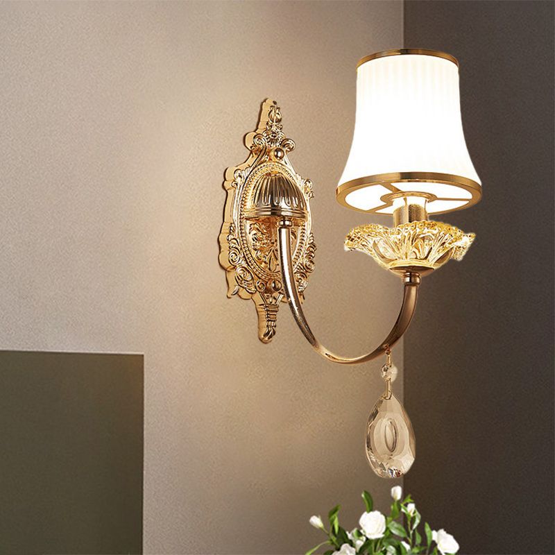 Arced Jar Bedside Wall Light Fixture Mid Century Frosted Glass 1 Bulb Gold Wall Mount Lamp