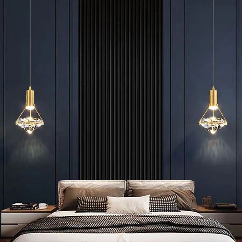 Brass Crystal LED Pendant Light in Modern Luxury Style Copper Geometric Hanging Lamp for Bedroom