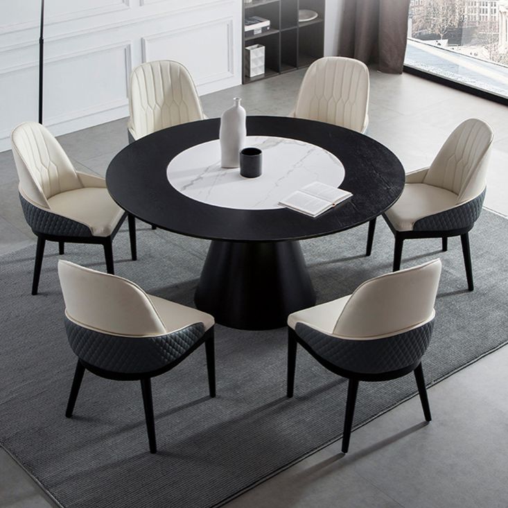 Solid Wood Table Set 1/4/5/7 Pcs Black Pedestal Dining Table with Upholstered Chair