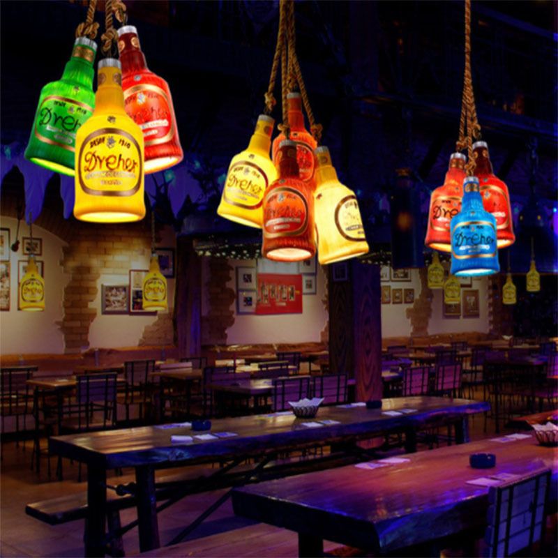 Resin Red/Yellow Drop Pendant Wine Bottle 1 Light Industrial Style Hanging Lamp Kit for Restaurant