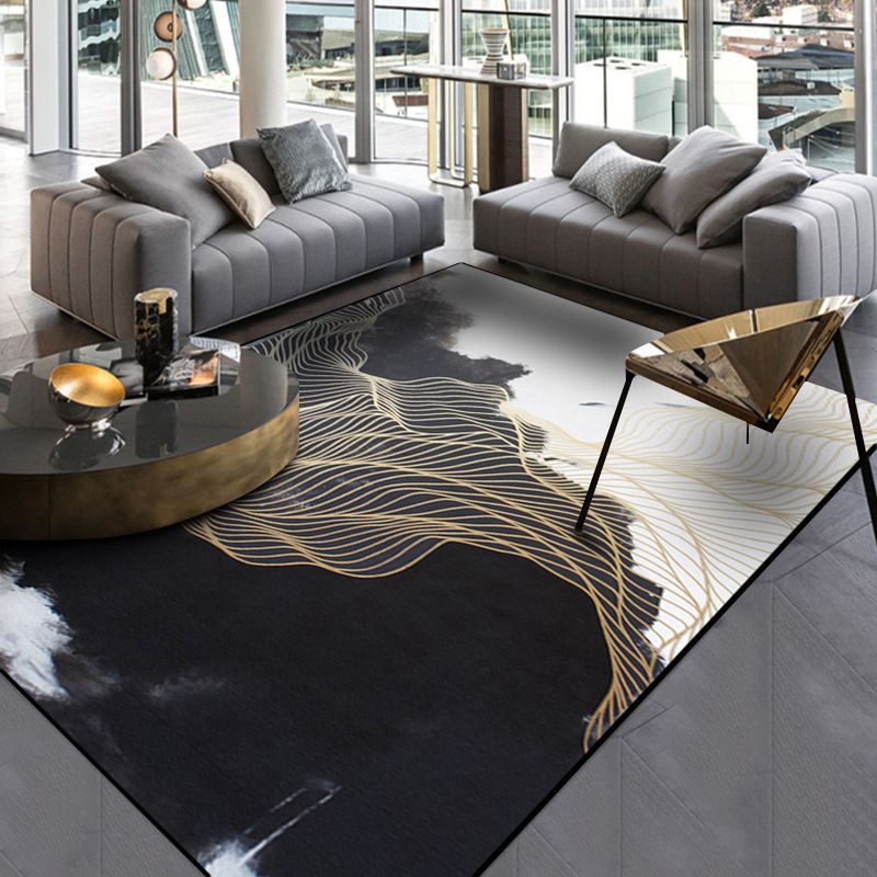 Traditional Swirl Stripe Pattern Rug Black and White Oriental Rug Polyester Washable Non-Slip Backing Area Rug for Living Room