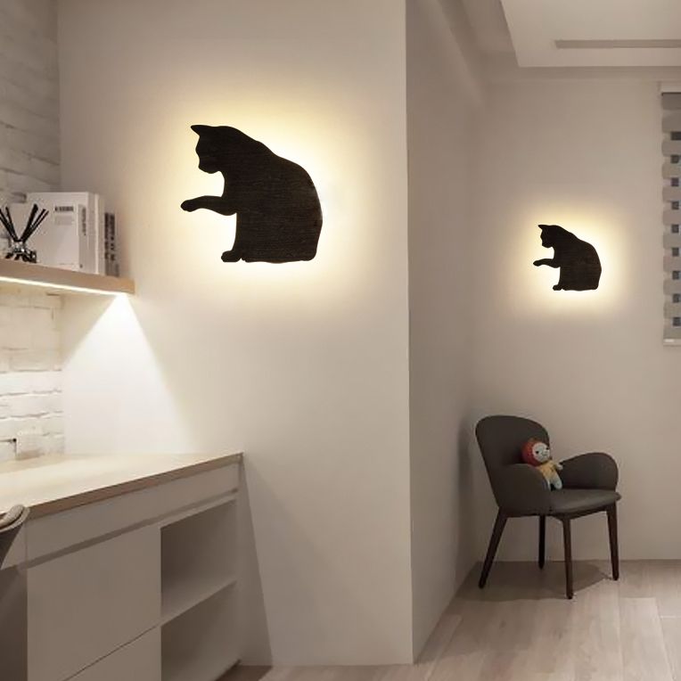 Kitten Kid Bedroom Hallway Sconce Light Wood Animal LED Wall Sconce in Black Finish